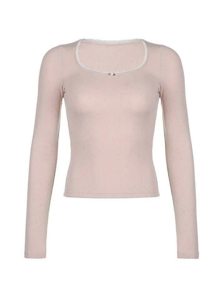 Contrast Lace Trim Slim Long Sleeve Knit - Y2K Fashion Aesthetic for Women Contrast Lace Trim Slim Long Sleeve Knit - Y2K Fashion Aesthetic for Women