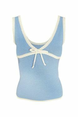 Contrast Stitch V-Neck Bow Tank Top - Y2K Fashion Aesthetic with Coquette and Grunge Style