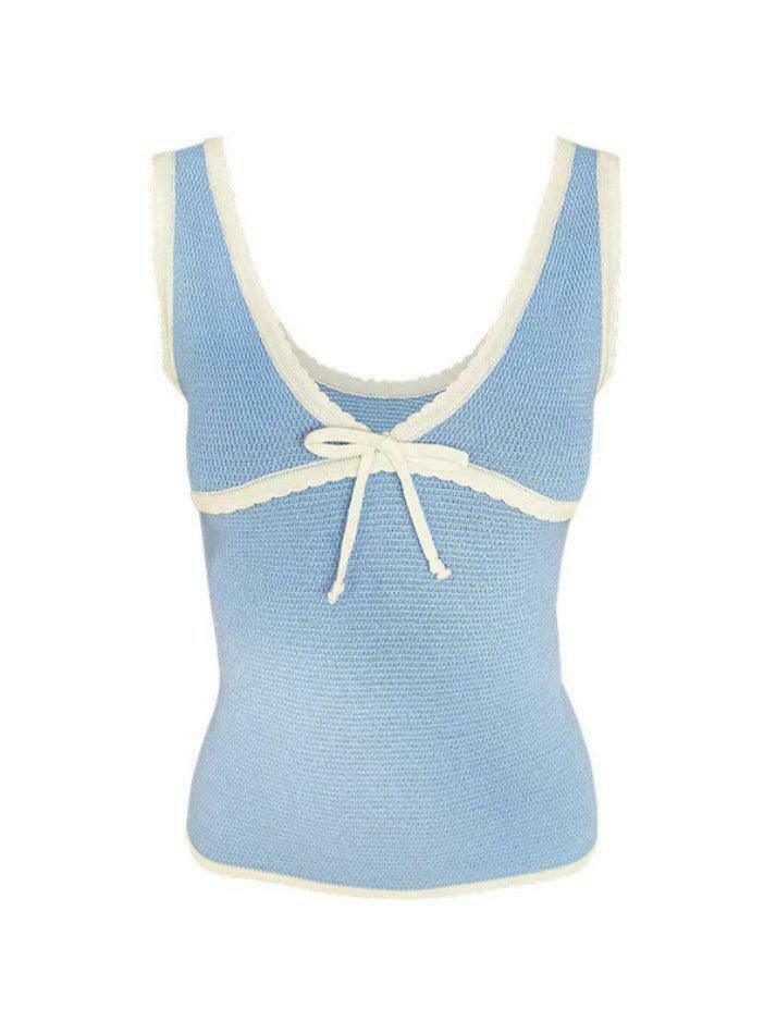 Contrast Stitch V-Neck Bow Tank Top - Y2K Fashion Aesthetic with Coquette and Grunge Style Contrast Stitch V-Neck Bow Tank Top - Y2K Fashion Aesthetic with Coquette and Grunge Style