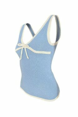 Contrast Stitch V-Neck Bow Tank Top - Y2K Fashion Aesthetic with Coquette and Grunge Style