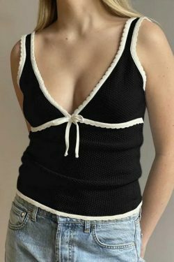 Contrast Stitch V-Neck Bow Tank Top - Y2K Fashion Aesthetic with Coquette and Grunge Style