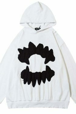 Coquette Aesthetic Acid Wash Hoodie with Fangs Applique - Y2K Fashion Statement