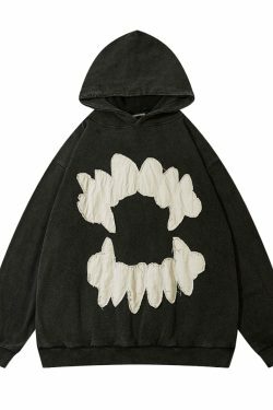 Coquette Aesthetic Acid Wash Hoodie with Fangs Applique - Y2K Fashion Statement