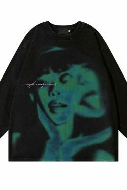 Coquette Aesthetic Acid Washed Sweatshirt with Shadow Graphic - Y2K Fashion Women's Clothing