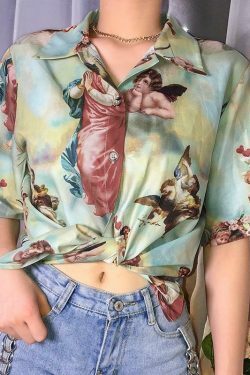 Coquette Aesthetic Angel Button Up Shirt - Y2K Fashion Women's Top for Grunge and Pastel Goth Style