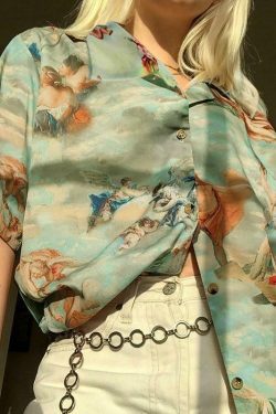 Coquette Aesthetic Angel Button Up Shirt - Y2K Fashion Women's Top for Grunge and Pastel Goth Style