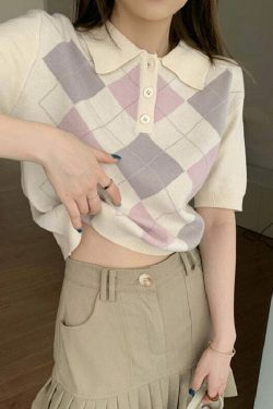 Coquette Aesthetic Argyle Collar Top - Y2K Fashion Women's Grunge Style Clothing