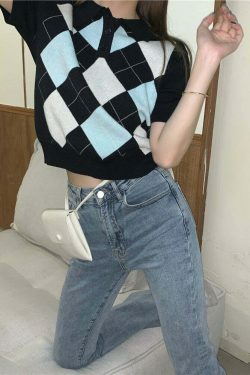 Coquette Aesthetic Argyle Collar Top - Y2K Fashion Women's Grunge Style Clothing