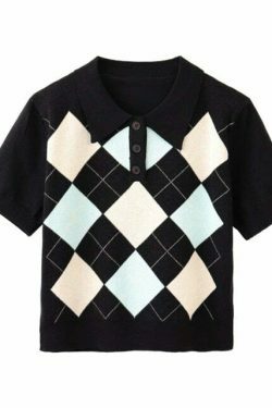 Coquette Aesthetic Argyle Collar Top - Y2K Fashion Women's Grunge Style Clothing