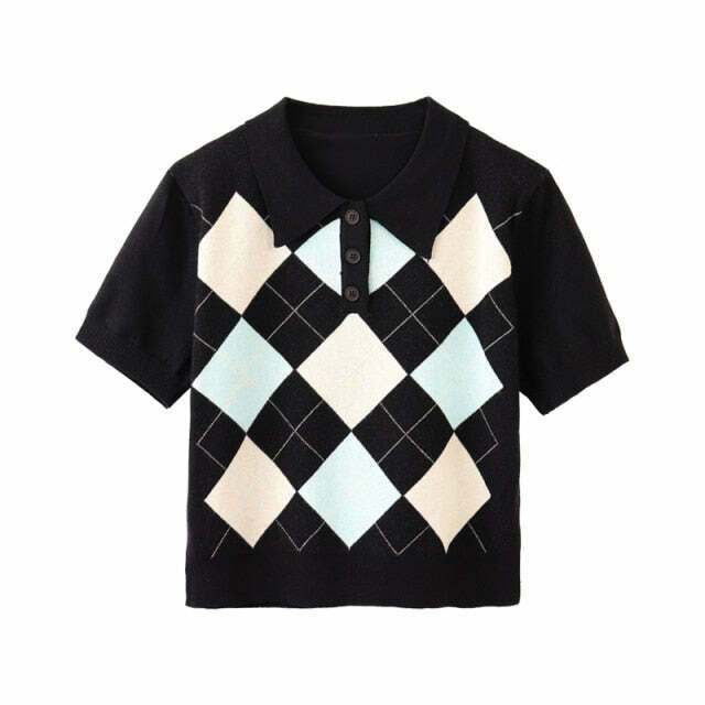 Coquette Aesthetic Argyle Collar Top - Y2K Fashion Women's Grunge Style Clothing Coquette Aesthetic Argyle Collar Top - Y2K Fashion Women's Grunge Style Clothing