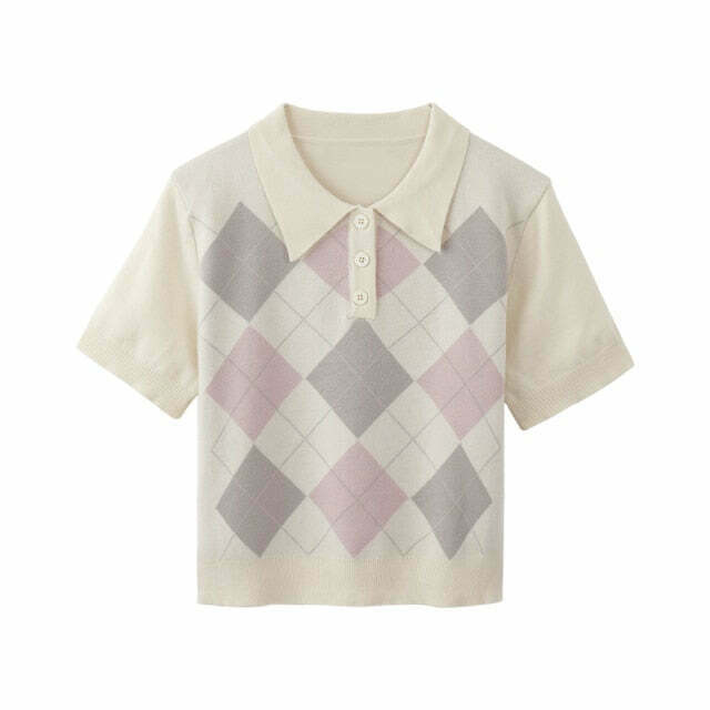 Coquette Aesthetic Argyle Collar Top - Y2K Fashion Women's Grunge Style Clothing Coquette Aesthetic Argyle Collar Top - Y2K Fashion Women's Grunge Style Clothing