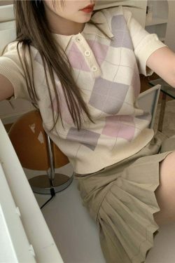 Coquette Aesthetic Argyle Collar Top - Y2K Fashion Women's Grunge Style Clothing