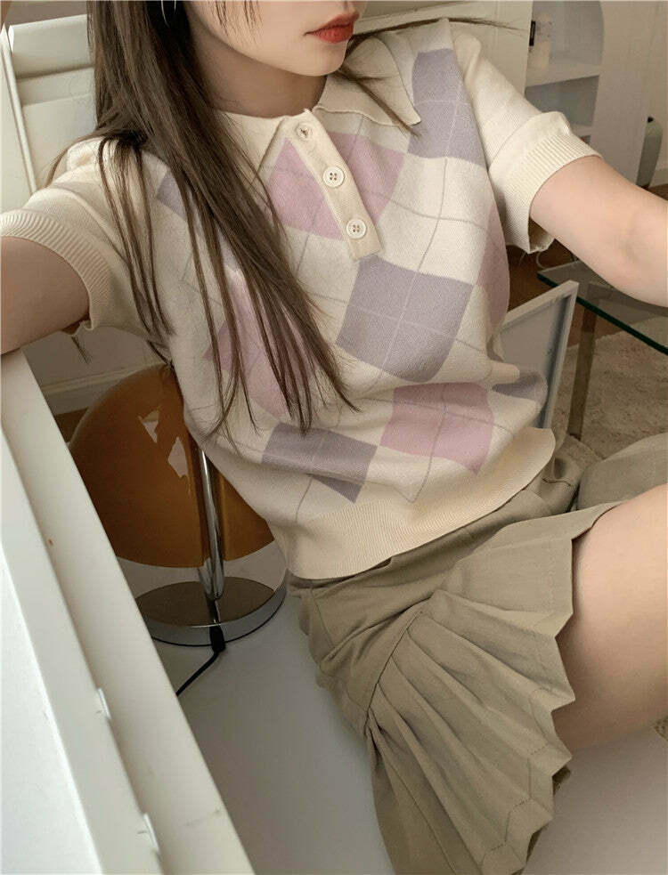 Coquette Aesthetic Argyle Collar Top - Y2K Fashion Women's Grunge Style Clothing Coquette Aesthetic Argyle Collar Top - Y2K Fashion Women's Grunge Style Clothing