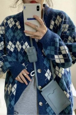 Coquette Aesthetic Argyle Knit Cardigan - Vintage-Inspired Y2K Fashion for Women