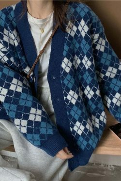 Coquette Aesthetic Argyle Knit Cardigan - Vintage-Inspired Y2K Fashion for Women