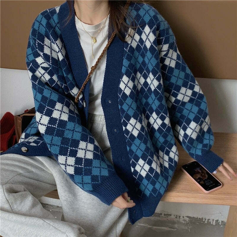 Coquette Aesthetic Argyle Knit Cardigan - Vintage-Inspired Y2K Fashion for Women Coquette Aesthetic Argyle Knit Cardigan - Vintage-Inspired Y2K Fashion for Women
