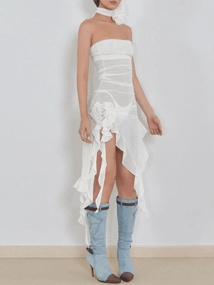 Coquette Aesthetic Asymmetric Ruffle Bandeau Maxi Dress Coquette Aesthetic Asymmetric Ruffle Bandeau Maxi Dress