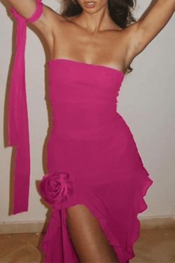 Coquette Aesthetic Asymmetric Ruffle Bandeau Maxi Dress
