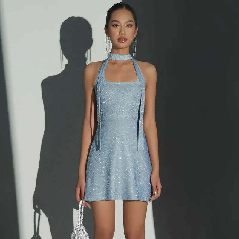 Coquette Aesthetic Backless Mini Dress with Blingy Blues - Y2K Fashion Statement Coquette Aesthetic Backless Mini Dress with Blingy Blues - Y2K Fashion Statement