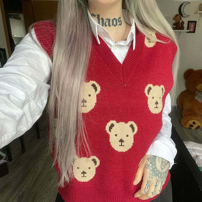 Coquette Aesthetic Bear Sweater Vest - Y2K Fashion for Women Coquette Aesthetic Bear Sweater Vest - Y2K Fashion for Women