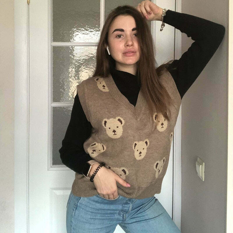 Coquette Aesthetic Bear Sweater Vest - Y2K Fashion for Women Coquette Aesthetic Bear Sweater Vest - Y2K Fashion for Women