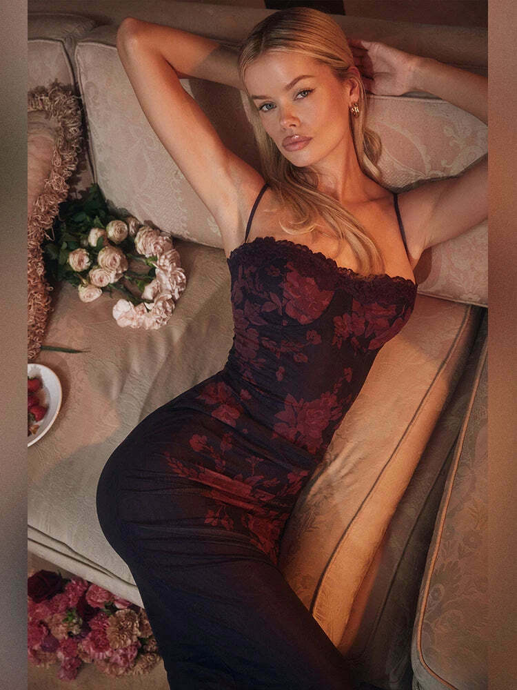 Coquette Aesthetic Berry Bouquet Backless Floral Dress - Y2K Fashion for Women