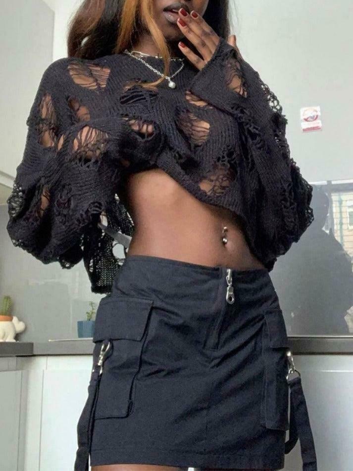 Coquette Aesthetic Big Cutout Loose Crop Sweater - Y2K Fashion for Women