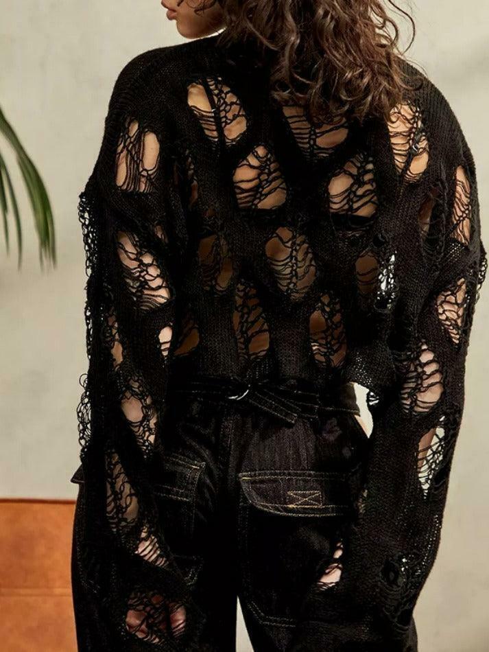 Coquette Aesthetic Big Cutout Loose Crop Sweater - Y2K Fashion for Women