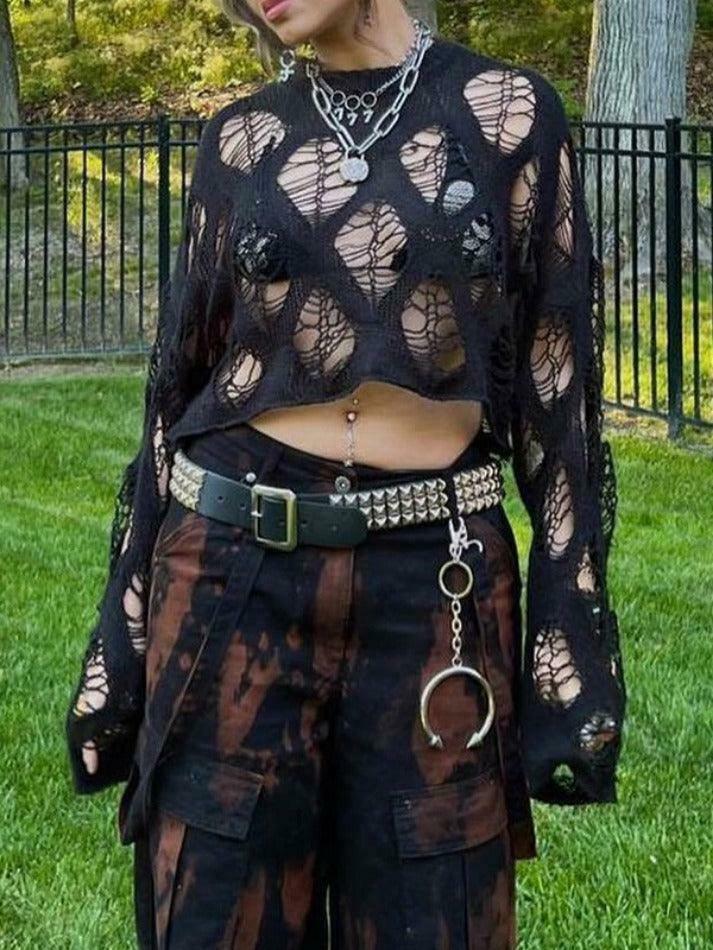 Coquette Aesthetic Big Cutout Loose Crop Sweater - Y2K Fashion for Women