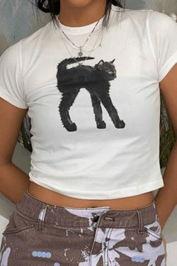 Coquette Aesthetic Black Cat Crop Top - Y2K Fashion Grunge Style - Cute Tops for Women