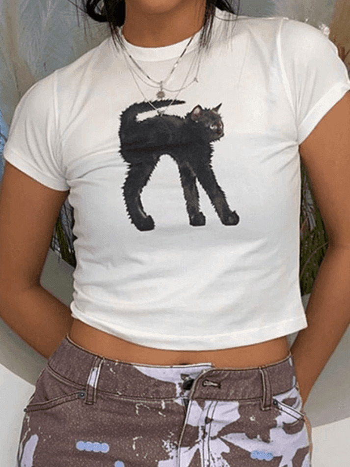 Coquette Aesthetic Black Cat Crop Top - Y2K Fashion Grunge Style - Cute Tops for Women