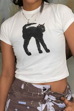 Coquette Aesthetic Black Cat Crop Top - Y2K Fashion Grunge Style - Cute Tops for Women