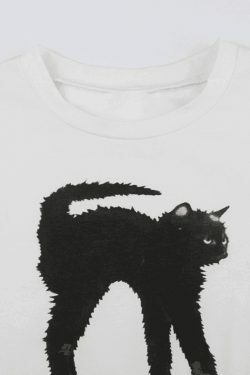 Coquette Aesthetic Black Cat Crop Top - Y2K Fashion Grunge Style - Cute Tops for Women