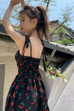 Coquette Aesthetic Black Cherry Charm Dress - Y2K Fashion Women's Clothing