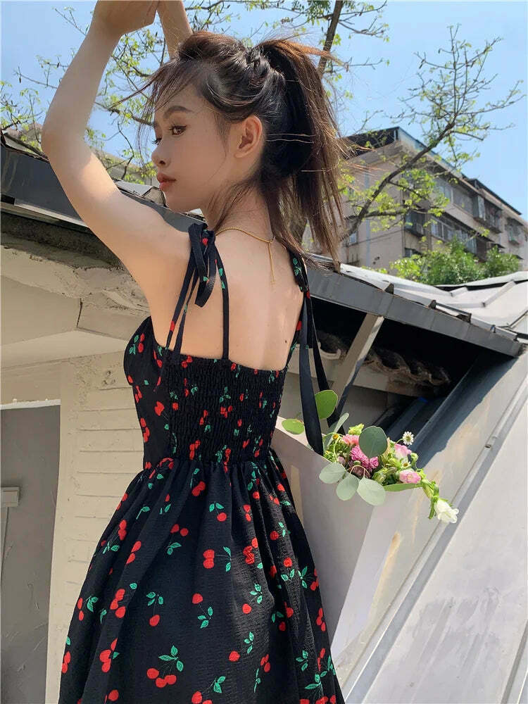 Coquette Aesthetic Black Cherry Charm Dress - Y2K Fashion Women's Clothing