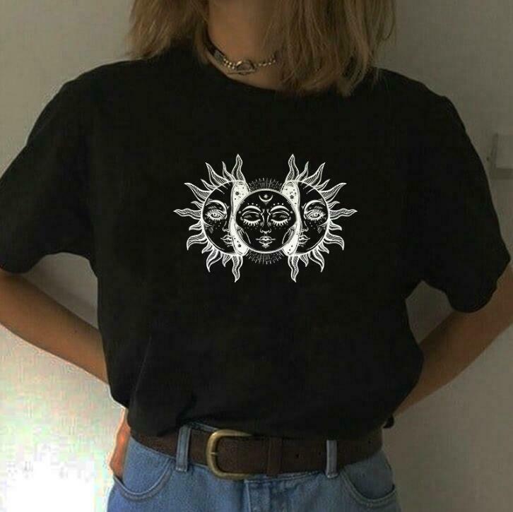 Coquette Aesthetic Black Sun & Moon T-Shirt - Y2K Fashion Grunge Style Cute Tops Pastel Goth