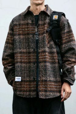 Coquette Aesthetic Boucle Texture Check Overshirt - Y2K Fashion Statement Piece