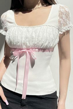 Coquette Aesthetic Bow Lace Patchwork Bubble Sleeve Top
