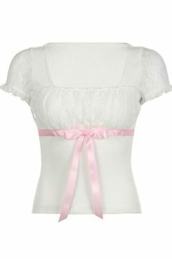 Coquette Aesthetic Bow Lace Patchwork Bubble Sleeve Top