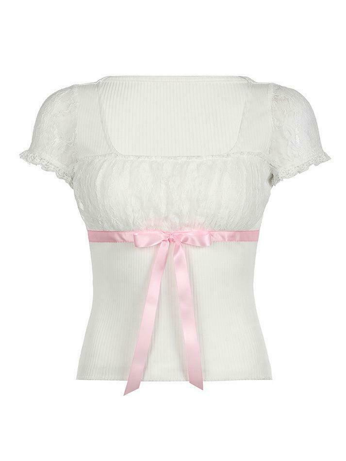 Coquette Aesthetic Bow Lace Patchwork Bubble Sleeve Top Coquette Aesthetic Bow Lace Patchwork Bubble Sleeve Top