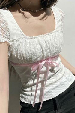 Coquette Aesthetic Bow Lace Patchwork Bubble Sleeve Top