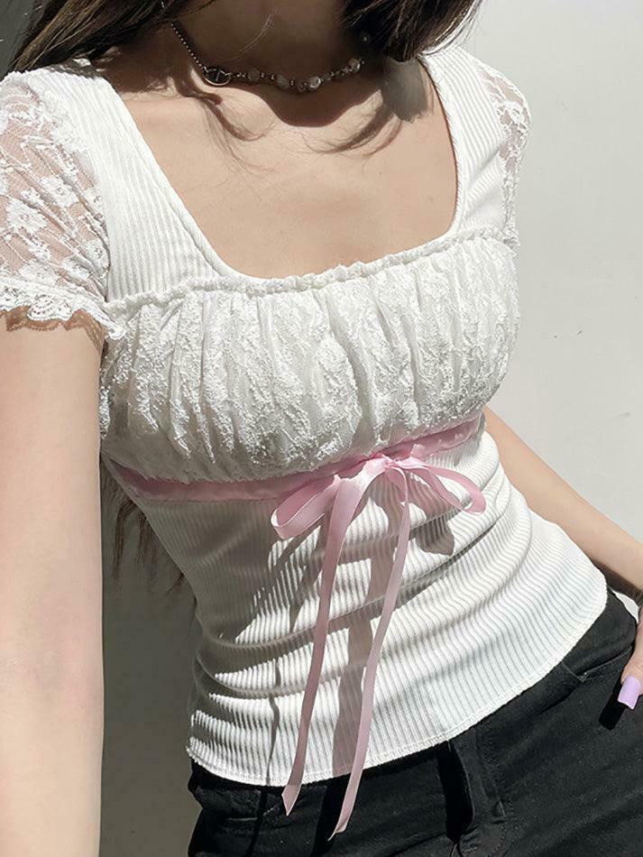 Coquette Aesthetic Bow Lace Patchwork Bubble Sleeve Top Coquette Aesthetic Bow Lace Patchwork Bubble Sleeve Top
