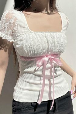 Coquette Aesthetic Bow Lace Patchwork Bubble Sleeve Top