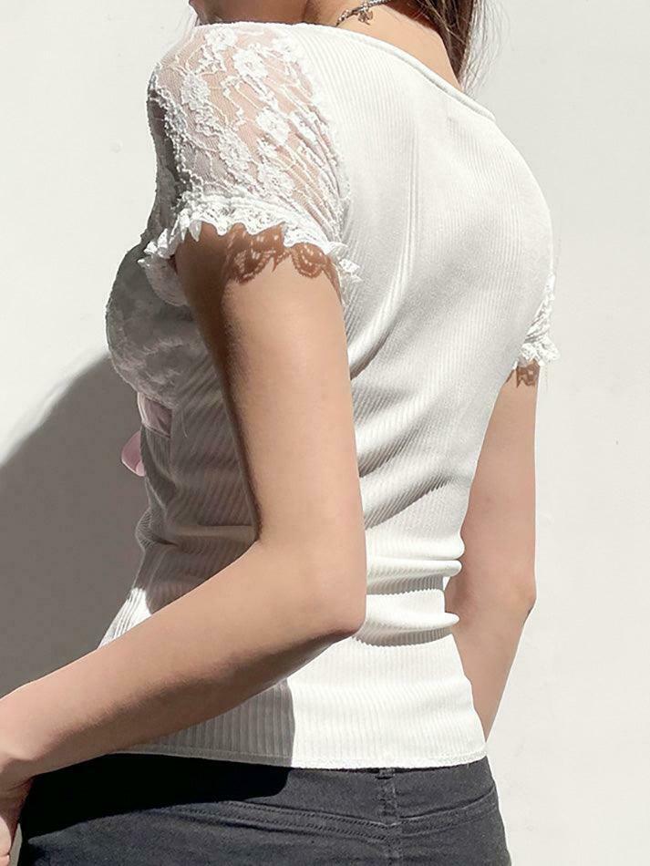 Coquette Aesthetic Bow Lace Patchwork Bubble Sleeve Top Coquette Aesthetic Bow Lace Patchwork Bubble Sleeve Top