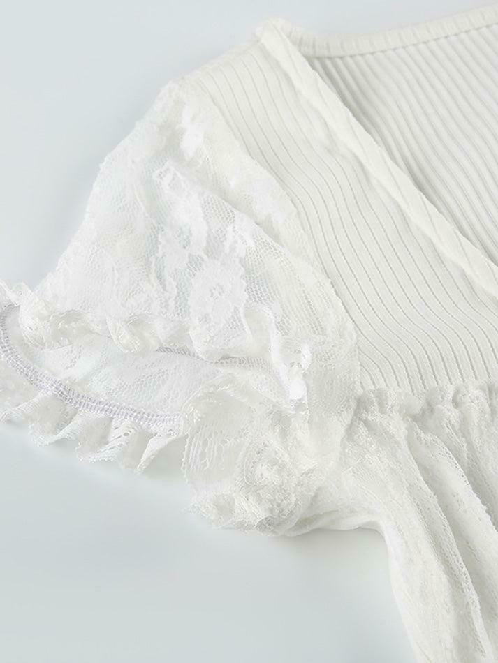 Coquette Aesthetic Bow Lace Patchwork Bubble Sleeve Top Coquette Aesthetic Bow Lace Patchwork Bubble Sleeve Top