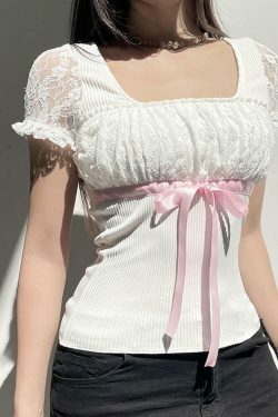 Coquette Aesthetic Bow Lace Patchwork Bubble Sleeve Top
