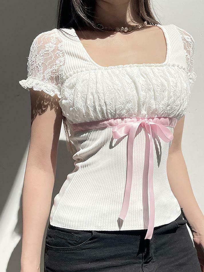 Coquette Aesthetic Bow Lace Patchwork Bubble Sleeve Top Coquette Aesthetic Bow Lace Patchwork Bubble Sleeve Top