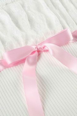 Coquette Aesthetic Bow Lace Patchwork Bubble Sleeve Top