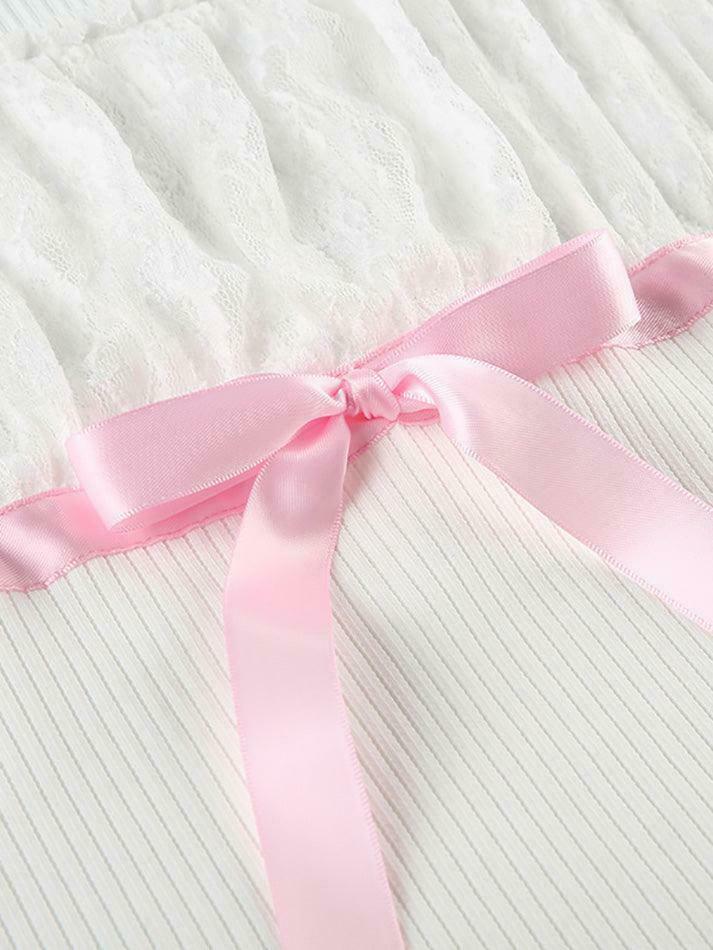 Coquette Aesthetic Bow Lace Patchwork Bubble Sleeve Top Coquette Aesthetic Bow Lace Patchwork Bubble Sleeve Top