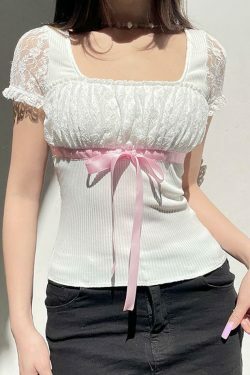 Coquette Aesthetic Bow Lace Patchwork Bubble Sleeve Top